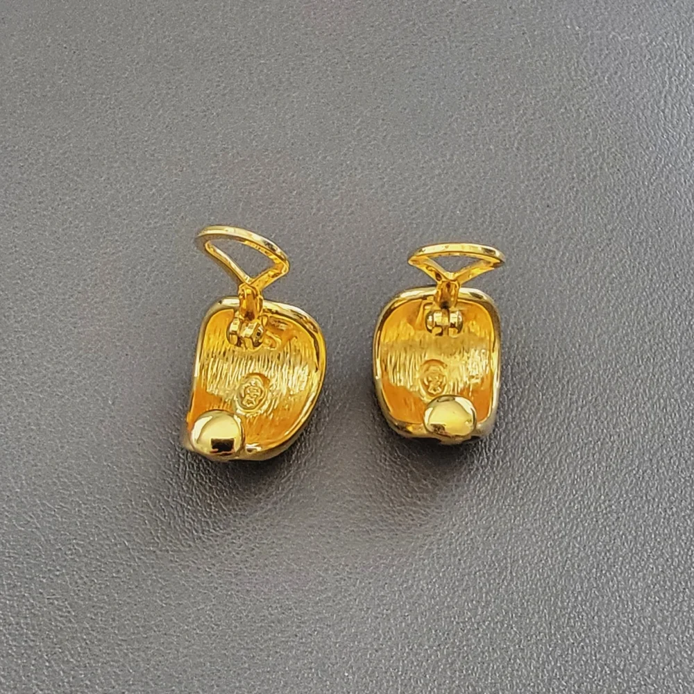 Enamel checkered half hoop clip on earrings